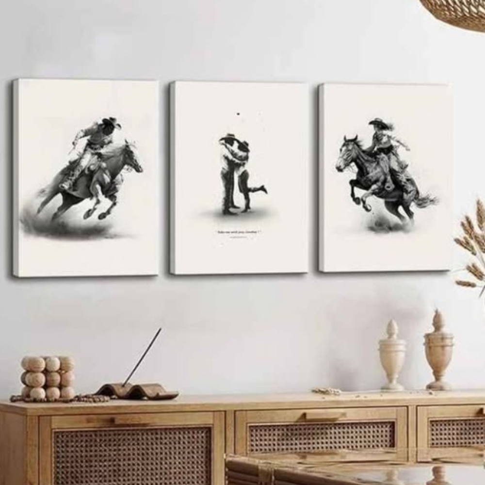 Western Cowboy Cowgirl Horse Rodeo Black And White Canvas Set 24x16